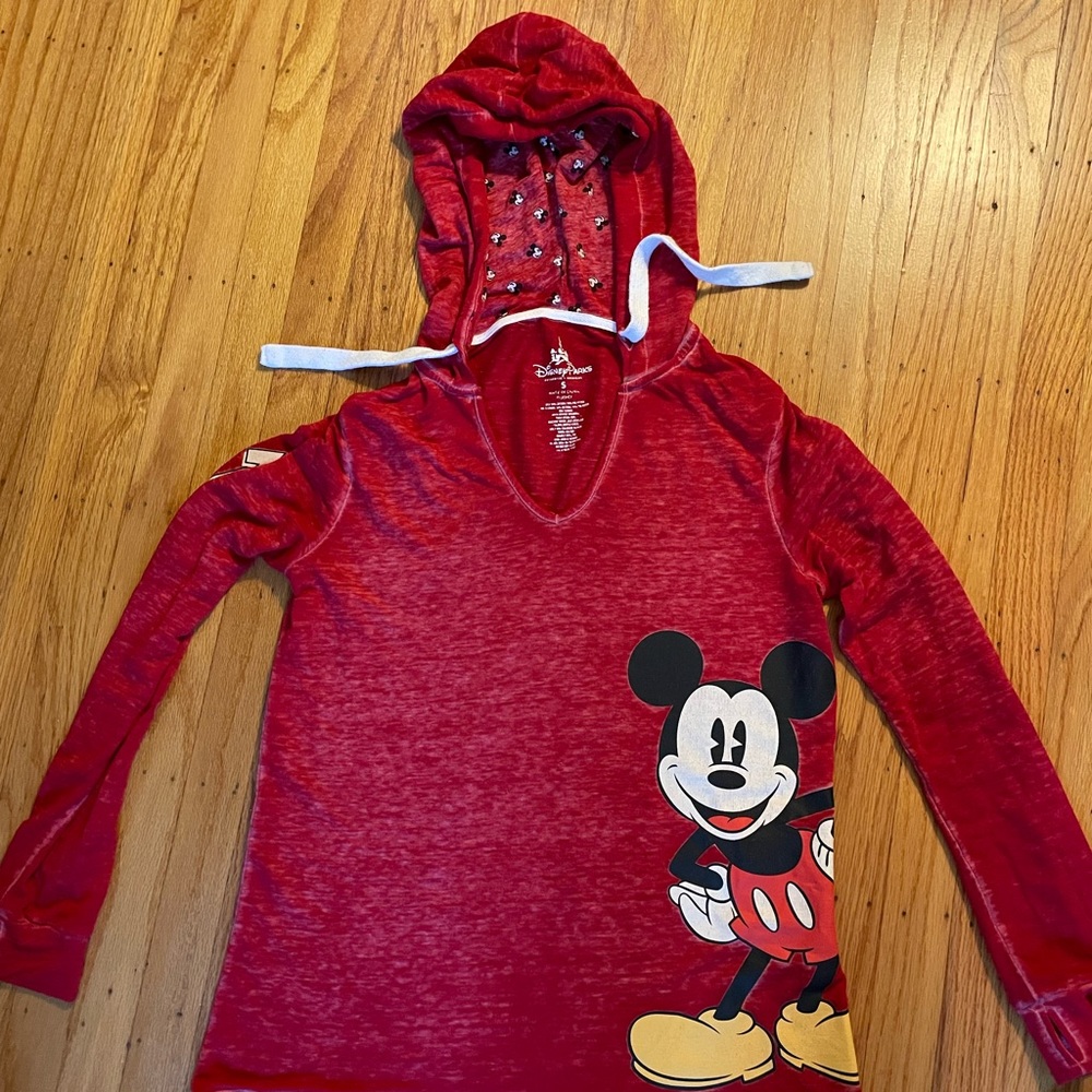 Disney long sleeve red woman’s v neck shirt with hood size small Mickey Mouse